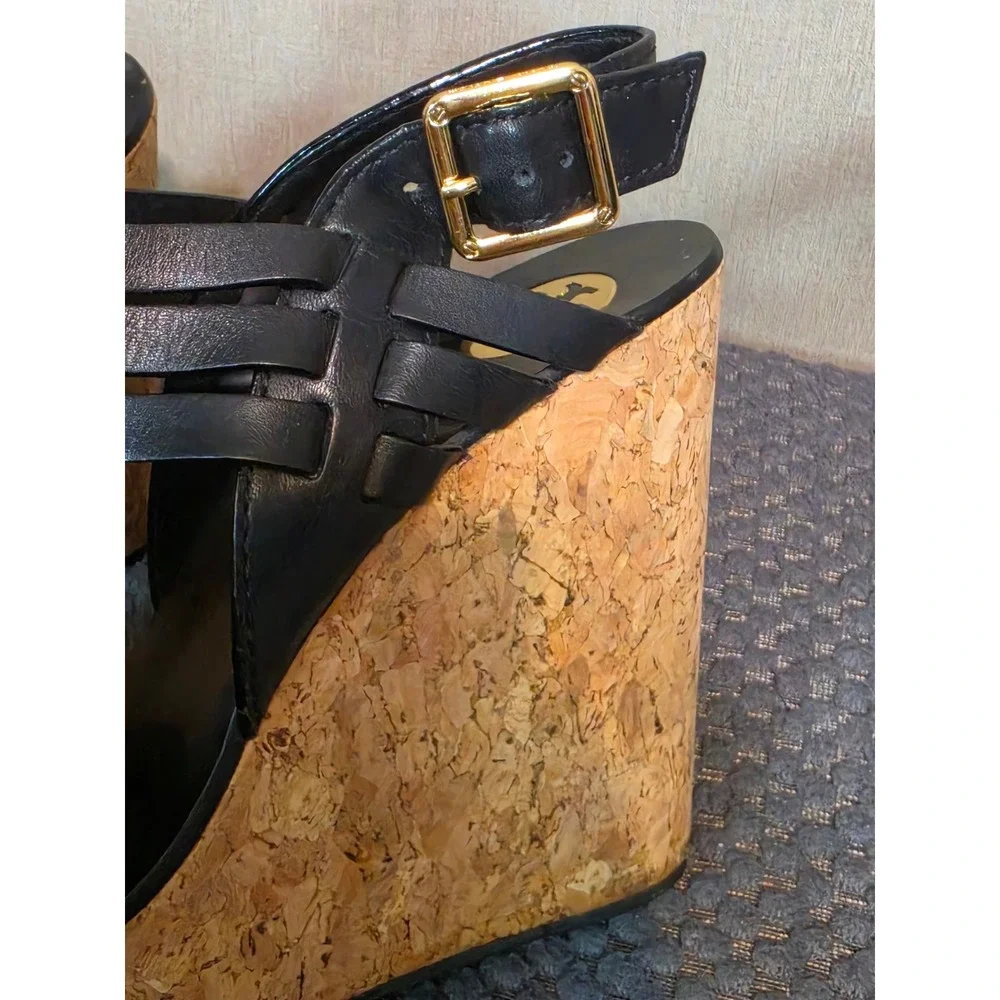 Tory Burch Black Leather Strappy Cork Platform Wedge Sandals Gold Logo 8M